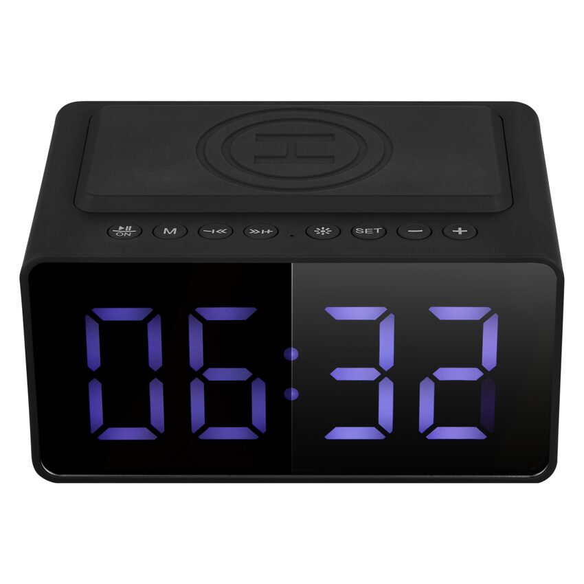 Volkano Awake Plus series Alarm Clock with Wireless Charging & Speaker – Black