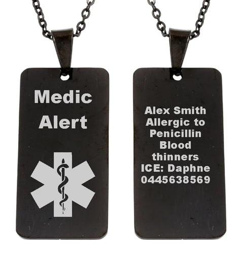 Personalized Medical Alert Black Dog Tag Pendant and Chain - V&N Goodies Galore V&N Goodies Galore