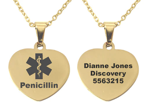 Personalized Medical Alert Gold Plated Heart Pendant and Chain - V&N Goodies Galore V&N Goodies Galore