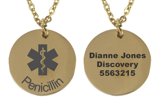 Personalized Medical Alert Gold Plated Round Pendant and Chain - V&N Goodies Galore V&N Goodies Galore