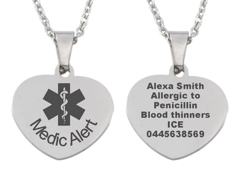 Personalized Medical Alert Stainless Steel Heart Pendant and Chain - V&N Goodies Galore V&N Goodies Galore