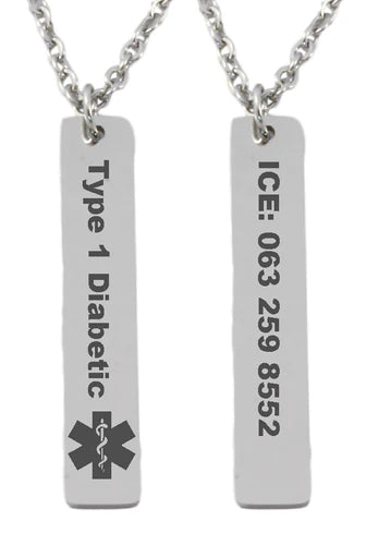 Personalized Medical Alert Stainless Steel Vertical Bar Pendant & Chain - V&N Goodies Galore V&N Goodies Galore