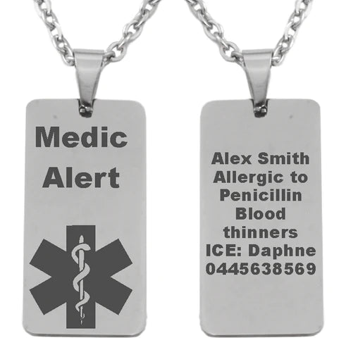 Personalized Medical Alert Stainless steel Dog Tag Pendant and Chain - V&N Goodies Galore V&N Goodies Galore